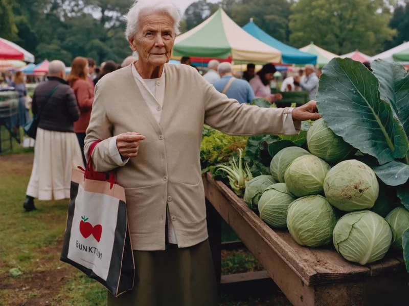 Seniorka vybírá sezónní zeleninu u stánku na venkovním trhu